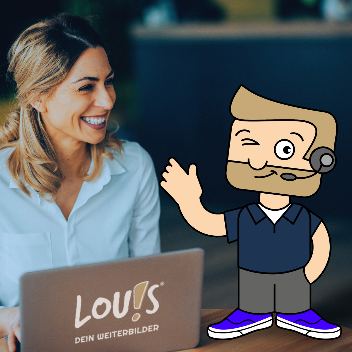 Frau an einem Laptop. Lacht Comicfigur an