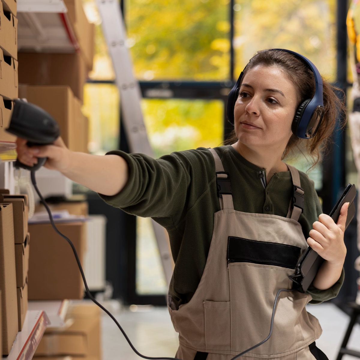 Eine Frau mit Kopfhörern hält einen Handscanner an Boxen in einem Regal.