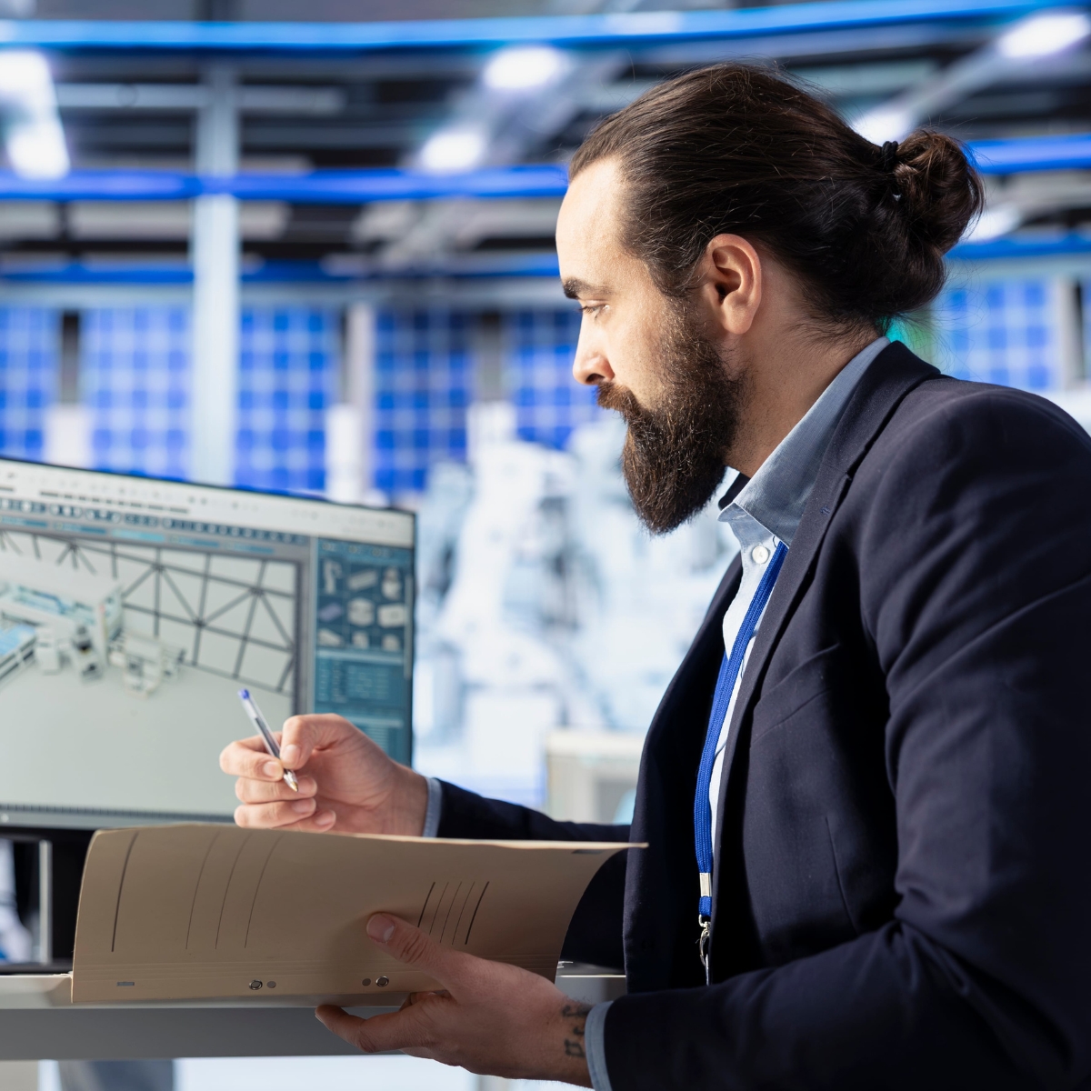 Ein Mann mit Bart und Dutt hält eine Akte in der Hand und blickt prüfend auf einen Bildschirm.