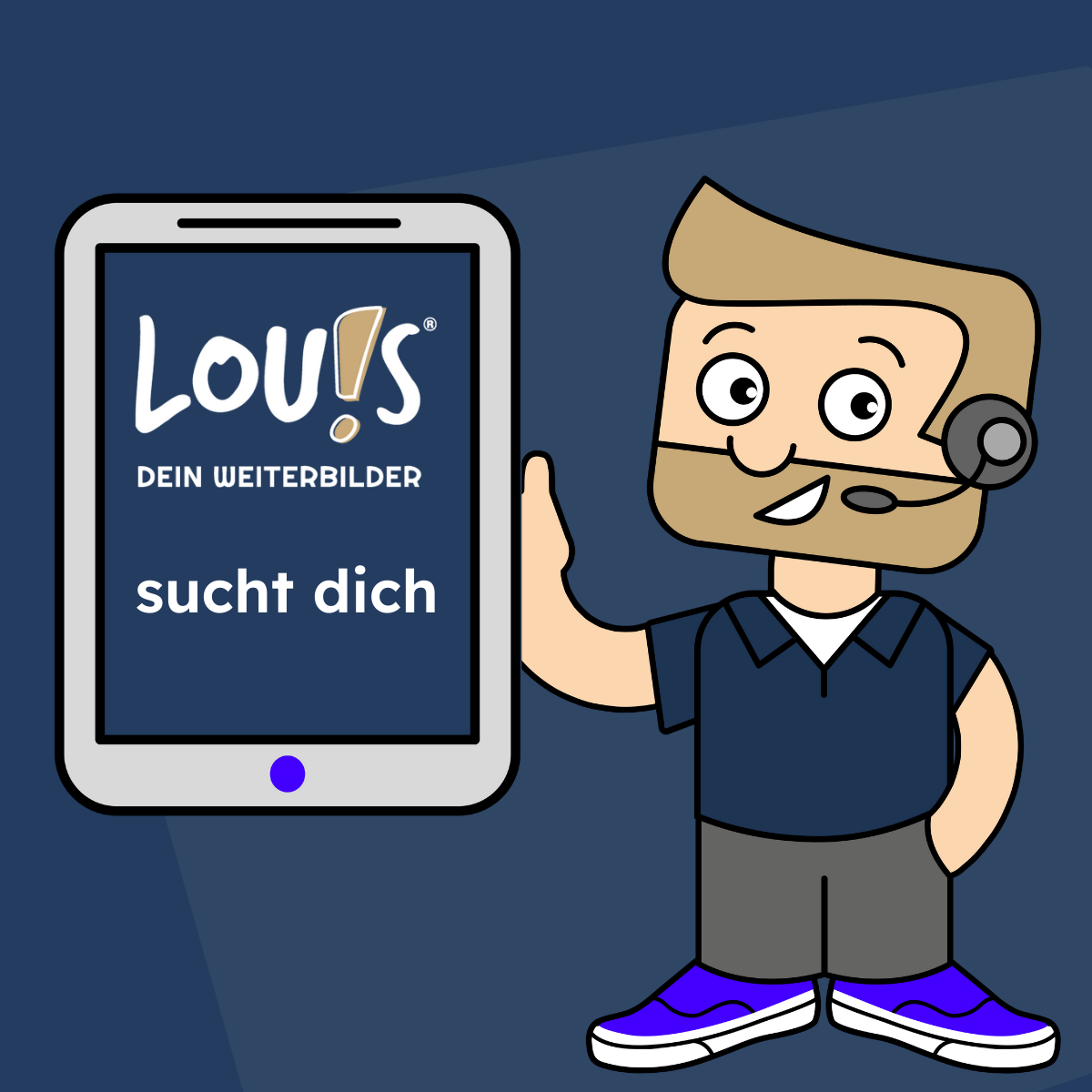 Louis mit einem Tablett auf dem steht: sucht dich