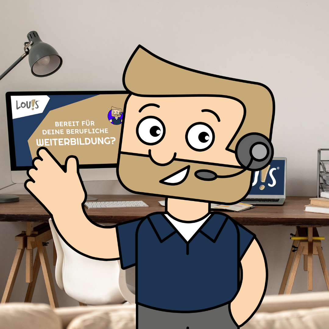 Louis im Büro vor einem Bildschirm winkend